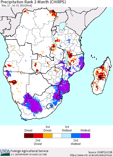 Southern Africa Precipitation Rank since 1981, 2-Month (CHIRPS) Thematic Map For 5/11/2022 - 7/10/2022