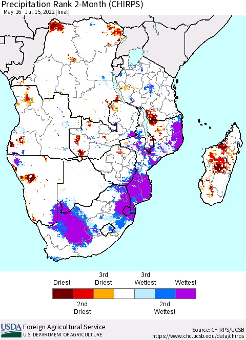 Southern Africa Precipitation Rank since 1981, 2-Month (CHIRPS) Thematic Map For 5/16/2022 - 7/15/2022