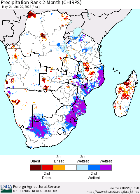 Southern Africa Precipitation Rank since 1981, 2-Month (CHIRPS) Thematic Map For 5/21/2022 - 7/20/2022