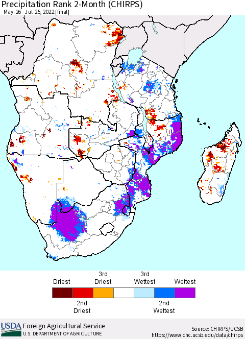 Southern Africa Precipitation Rank since 1981, 2-Month (CHIRPS) Thematic Map For 5/26/2022 - 7/25/2022