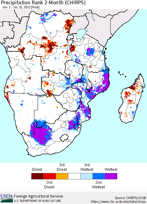Southern Africa Precipitation Rank since 1981, 2-Month (CHIRPS) Thematic Map For 6/1/2022 - 7/31/2022