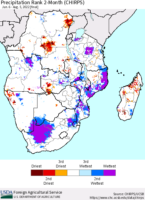 Southern Africa Precipitation Rank since 1981, 2-Month (CHIRPS) Thematic Map For 6/6/2022 - 8/5/2022