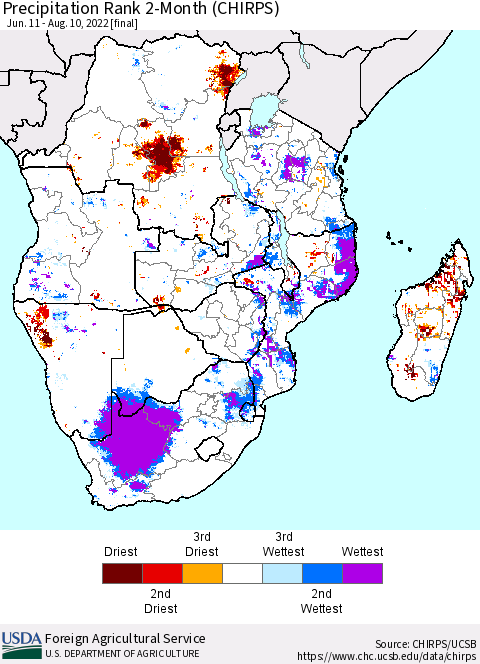 Southern Africa Precipitation Rank since 1981, 2-Month (CHIRPS) Thematic Map For 6/11/2022 - 8/10/2022