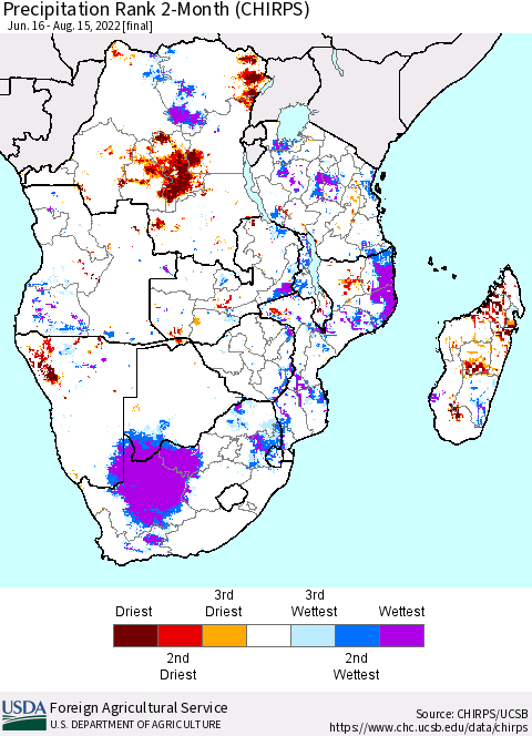 Southern Africa Precipitation Rank since 1981, 2-Month (CHIRPS) Thematic Map For 6/16/2022 - 8/15/2022