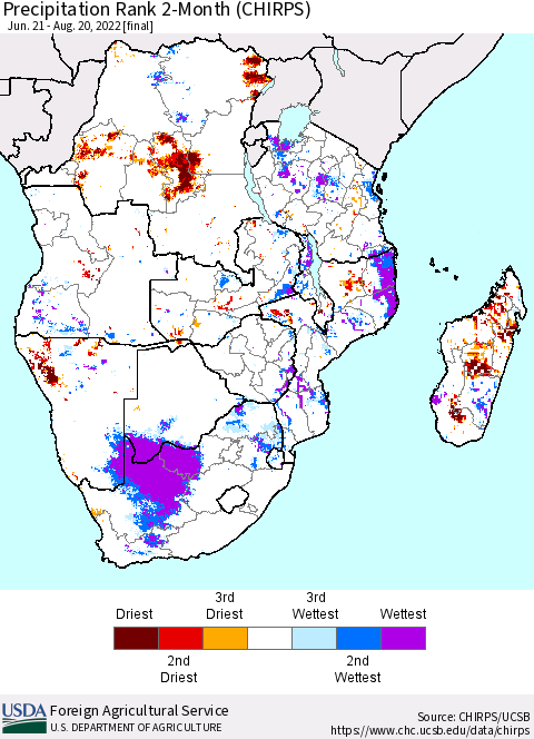 Southern Africa Precipitation Rank since 1981, 2-Month (CHIRPS) Thematic Map For 6/21/2022 - 8/20/2022