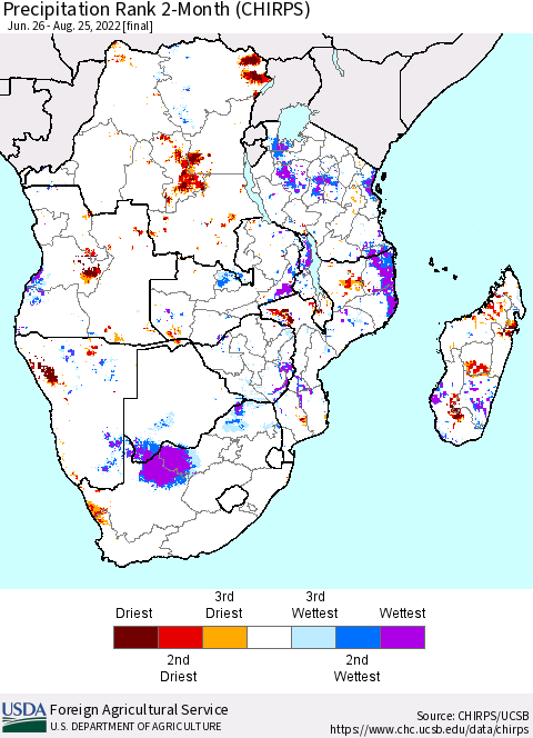 Southern Africa Precipitation Rank since 1981, 2-Month (CHIRPS) Thematic Map For 6/26/2022 - 8/25/2022