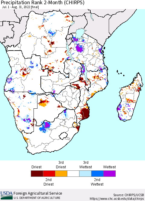 Southern Africa Precipitation Rank since 1981, 2-Month (CHIRPS) Thematic Map For 7/1/2022 - 8/31/2022
