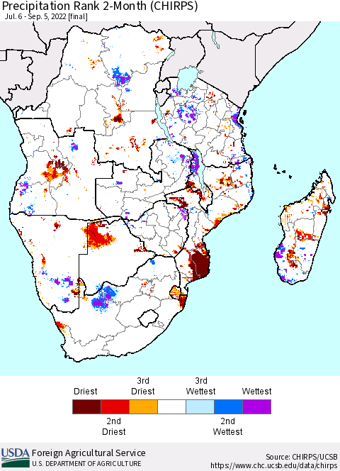 Southern Africa Precipitation Rank since 1981, 2-Month (CHIRPS) Thematic Map For 7/6/2022 - 9/5/2022