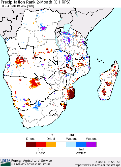 Southern Africa Precipitation Rank since 1981, 2-Month (CHIRPS) Thematic Map For 7/11/2022 - 9/10/2022