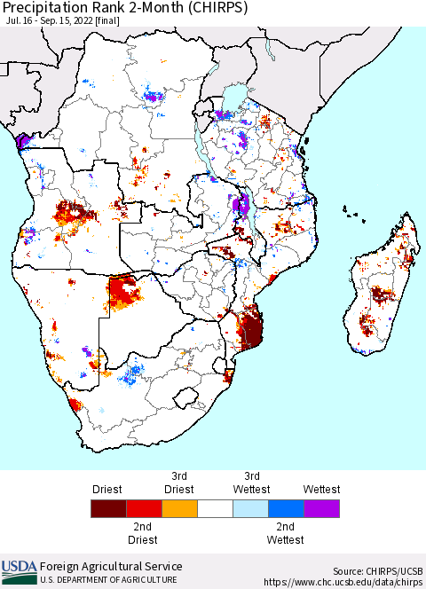 Southern Africa Precipitation Rank since 1981, 2-Month (CHIRPS) Thematic Map For 7/16/2022 - 9/15/2022