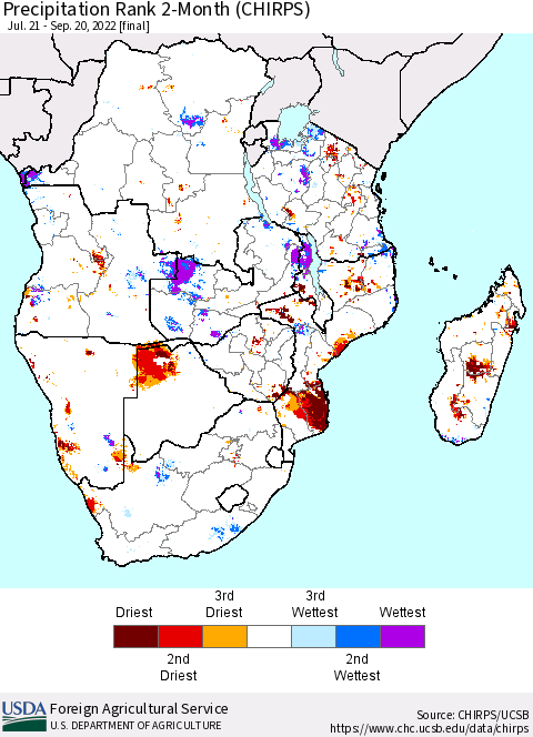 Southern Africa Precipitation Rank since 1981, 2-Month (CHIRPS) Thematic Map For 7/21/2022 - 9/20/2022