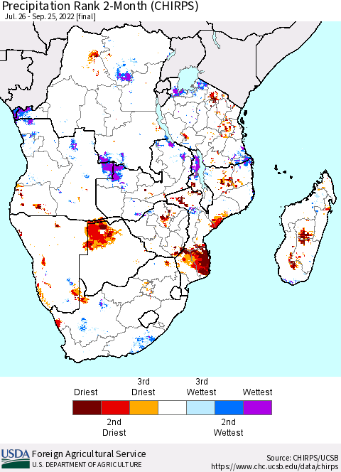 Southern Africa Precipitation Rank since 1981, 2-Month (CHIRPS) Thematic Map For 7/26/2022 - 9/25/2022