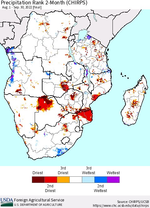 Southern Africa Precipitation Rank since 1981, 2-Month (CHIRPS) Thematic Map For 8/1/2022 - 9/30/2022