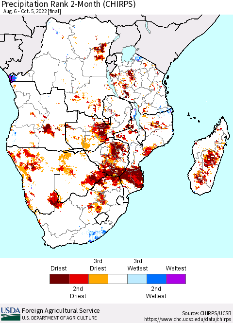 Southern Africa Precipitation Rank since 1981, 2-Month (CHIRPS) Thematic Map For 8/6/2022 - 10/5/2022