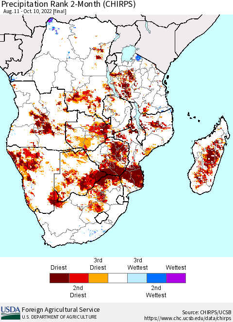 Southern Africa Precipitation Rank since 1981, 2-Month (CHIRPS) Thematic Map For 8/11/2022 - 10/10/2022