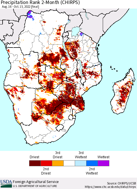 Southern Africa Precipitation Rank since 1981, 2-Month (CHIRPS) Thematic Map For 8/16/2022 - 10/15/2022