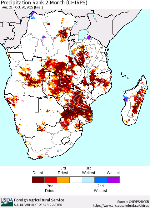 Southern Africa Precipitation Rank since 1981, 2-Month (CHIRPS) Thematic Map For 8/21/2022 - 10/20/2022