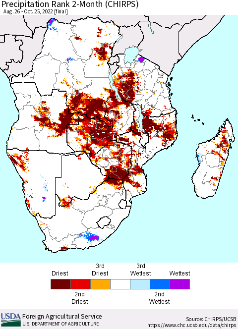 Southern Africa Precipitation Rank since 1981, 2-Month (CHIRPS) Thematic Map For 8/26/2022 - 10/25/2022
