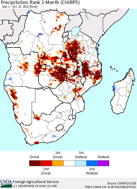 Southern Africa Precipitation Rank since 1981, 2-Month (CHIRPS) Thematic Map For 9/1/2022 - 10/31/2022