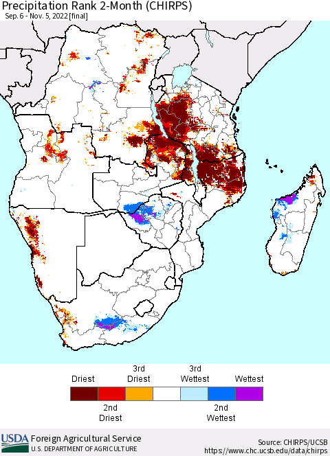Southern Africa Precipitation Rank since 1981, 2-Month (CHIRPS) Thematic Map For 9/6/2022 - 11/5/2022