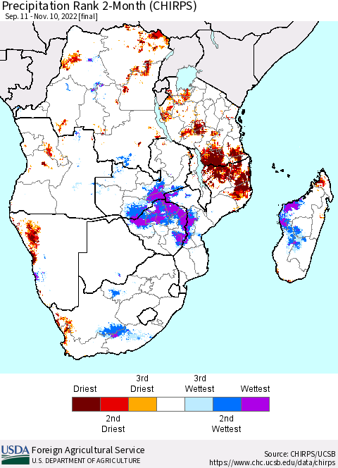 Southern Africa Precipitation Rank since 1981, 2-Month (CHIRPS) Thematic Map For 9/11/2022 - 11/10/2022