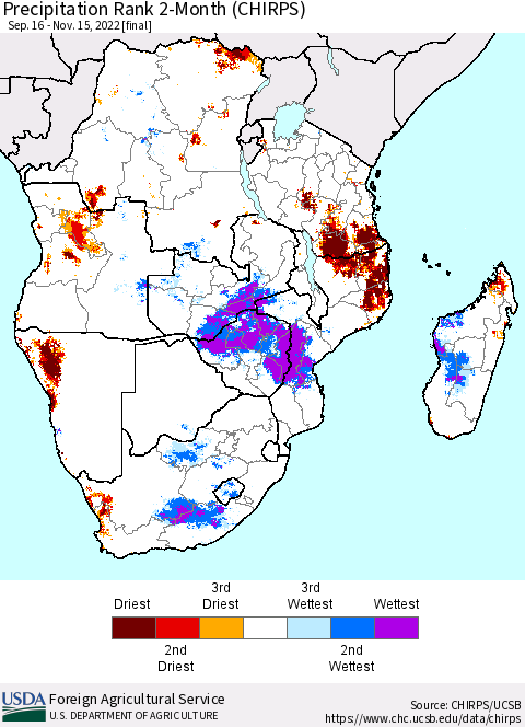 Southern Africa Precipitation Rank since 1981, 2-Month (CHIRPS) Thematic Map For 9/16/2022 - 11/15/2022