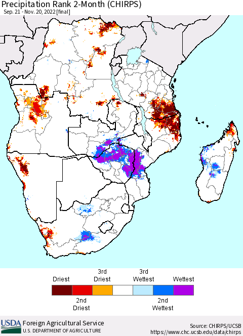 Southern Africa Precipitation Rank since 1981, 2-Month (CHIRPS) Thematic Map For 9/21/2022 - 11/20/2022