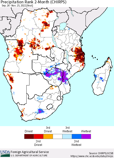 Southern Africa Precipitation Rank since 1981, 2-Month (CHIRPS) Thematic Map For 9/26/2022 - 11/25/2022