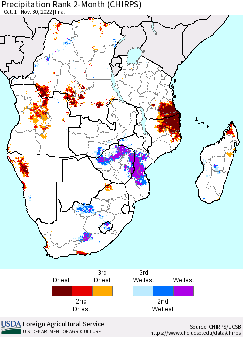 Southern Africa Precipitation Rank since 1981, 2-Month (CHIRPS) Thematic Map For 10/1/2022 - 11/30/2022