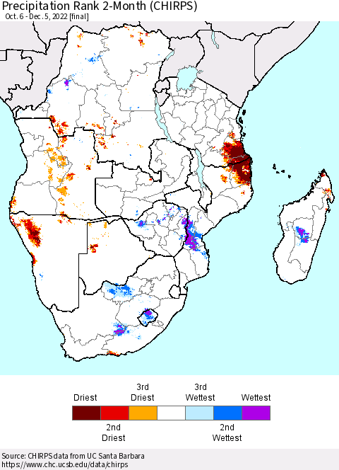 Southern Africa Precipitation Rank since 1981, 2-Month (CHIRPS) Thematic Map For 10/6/2022 - 12/5/2022