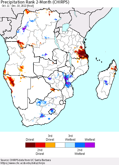 Southern Africa Precipitation Rank since 1981, 2-Month (CHIRPS) Thematic Map For 10/11/2022 - 12/10/2022