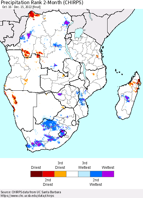 Southern Africa Precipitation Rank since 1981, 2-Month (CHIRPS) Thematic Map For 10/16/2022 - 12/15/2022