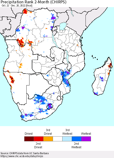 Southern Africa Precipitation Rank since 1981, 2-Month (CHIRPS) Thematic Map For 10/21/2022 - 12/20/2022