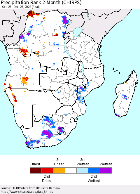 Southern Africa Precipitation Rank since 1981, 2-Month (CHIRPS) Thematic Map For 10/26/2022 - 12/25/2022