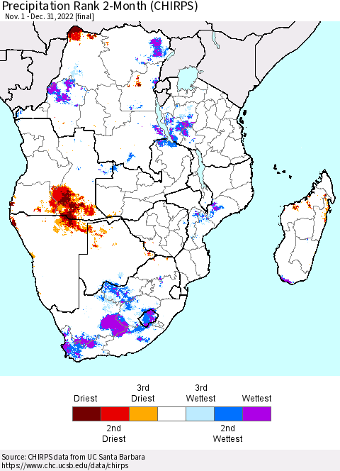 Southern Africa Precipitation Rank since 1981, 2-Month (CHIRPS) Thematic Map For 11/1/2022 - 12/31/2022