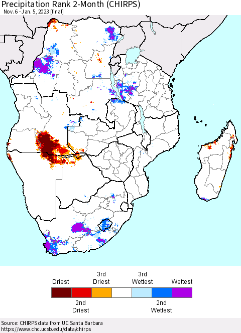 Southern Africa Precipitation Rank since 1981, 2-Month (CHIRPS) Thematic Map For 11/6/2022 - 1/5/2023