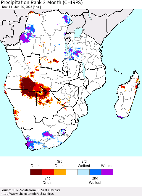 Southern Africa Precipitation Rank since 1981, 2-Month (CHIRPS) Thematic Map For 11/11/2022 - 1/10/2023
