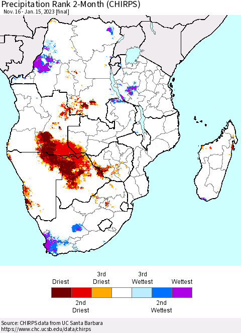 Southern Africa Precipitation Rank since 1981, 2-Month (CHIRPS) Thematic Map For 11/16/2022 - 1/15/2023