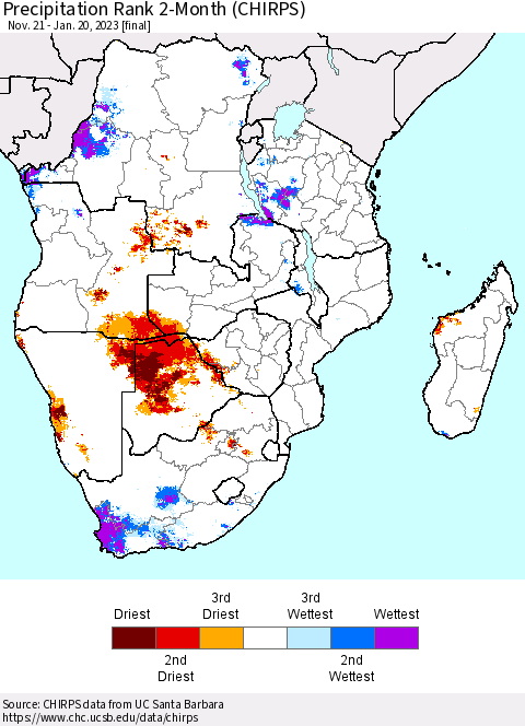 Southern Africa Precipitation Rank since 1981, 2-Month (CHIRPS) Thematic Map For 11/21/2022 - 1/20/2023