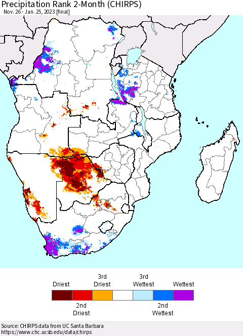 Southern Africa Precipitation Rank since 1981, 2-Month (CHIRPS) Thematic Map For 11/26/2022 - 1/25/2023