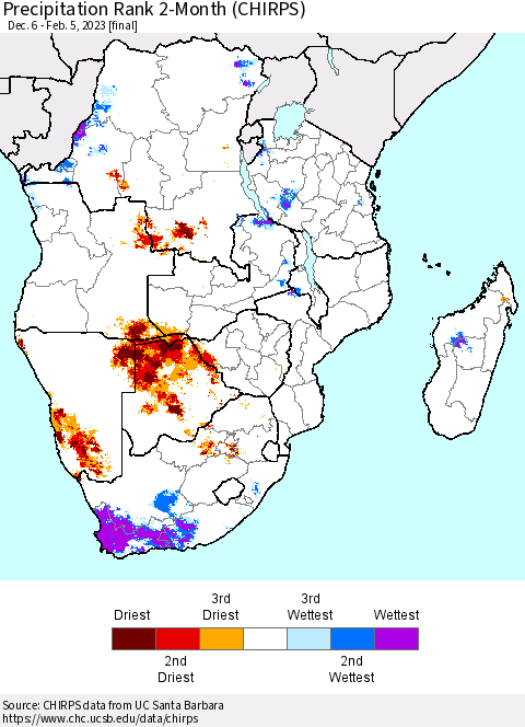 Southern Africa Precipitation Rank since 1981, 2-Month (CHIRPS) Thematic Map For 12/6/2022 - 2/5/2023