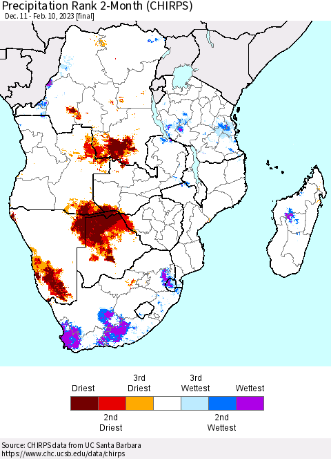 Southern Africa Precipitation Rank since 1981, 2-Month (CHIRPS) Thematic Map For 12/11/2022 - 2/10/2023