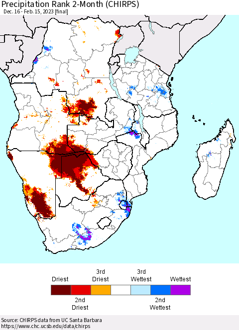 Southern Africa Precipitation Rank since 1981, 2-Month (CHIRPS) Thematic Map For 12/16/2022 - 2/15/2023