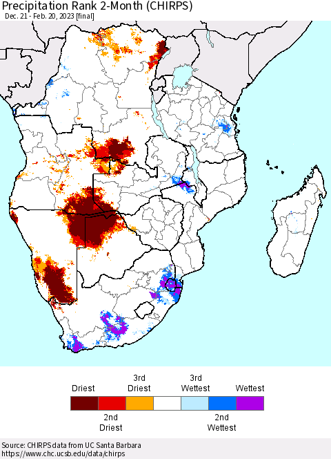 Southern Africa Precipitation Rank since 1981, 2-Month (CHIRPS) Thematic Map For 12/21/2022 - 2/20/2023