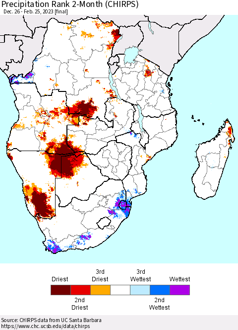 Southern Africa Precipitation Rank since 1981, 2-Month (CHIRPS) Thematic Map For 12/26/2022 - 2/25/2023