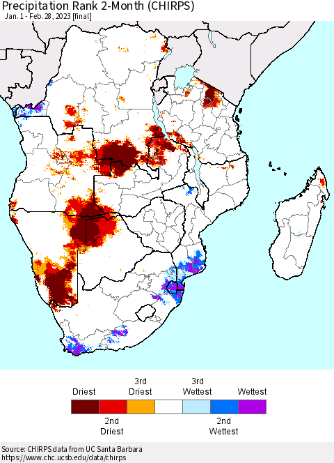 Southern Africa Precipitation Rank since 1981, 2-Month (CHIRPS) Thematic Map For 1/1/2023 - 2/28/2023