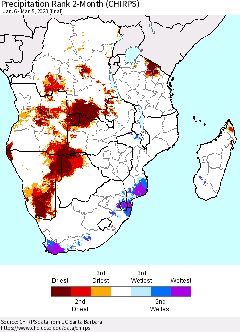 Southern Africa Precipitation Rank since 1981, 2-Month (CHIRPS) Thematic Map For 1/6/2023 - 3/5/2023
