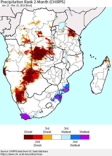 Southern Africa Precipitation Rank since 1981, 2-Month (CHIRPS) Thematic Map For 1/11/2023 - 3/10/2023