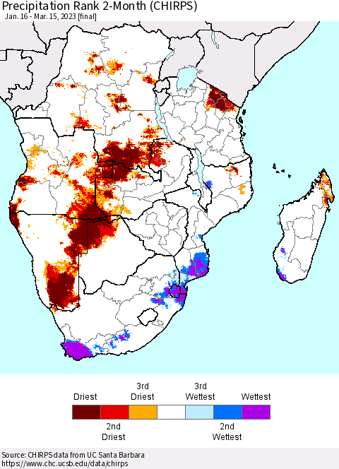 Southern Africa Precipitation Rank since 1981, 2-Month (CHIRPS) Thematic Map For 1/16/2023 - 3/15/2023