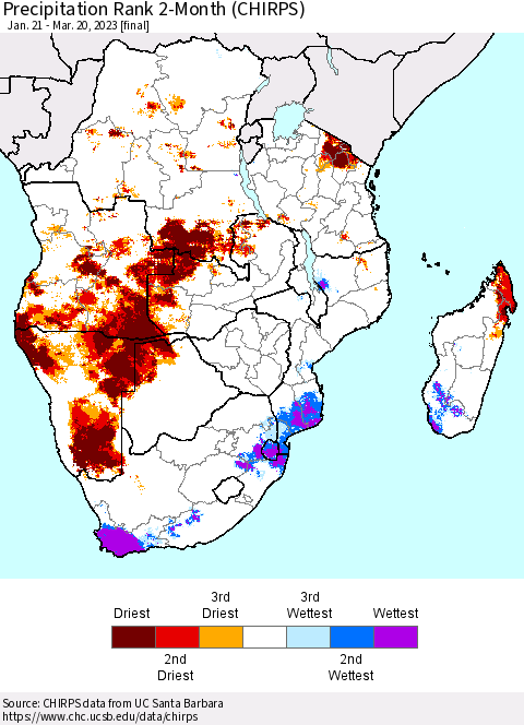 Southern Africa Precipitation Rank since 1981, 2-Month (CHIRPS) Thematic Map For 1/21/2023 - 3/20/2023